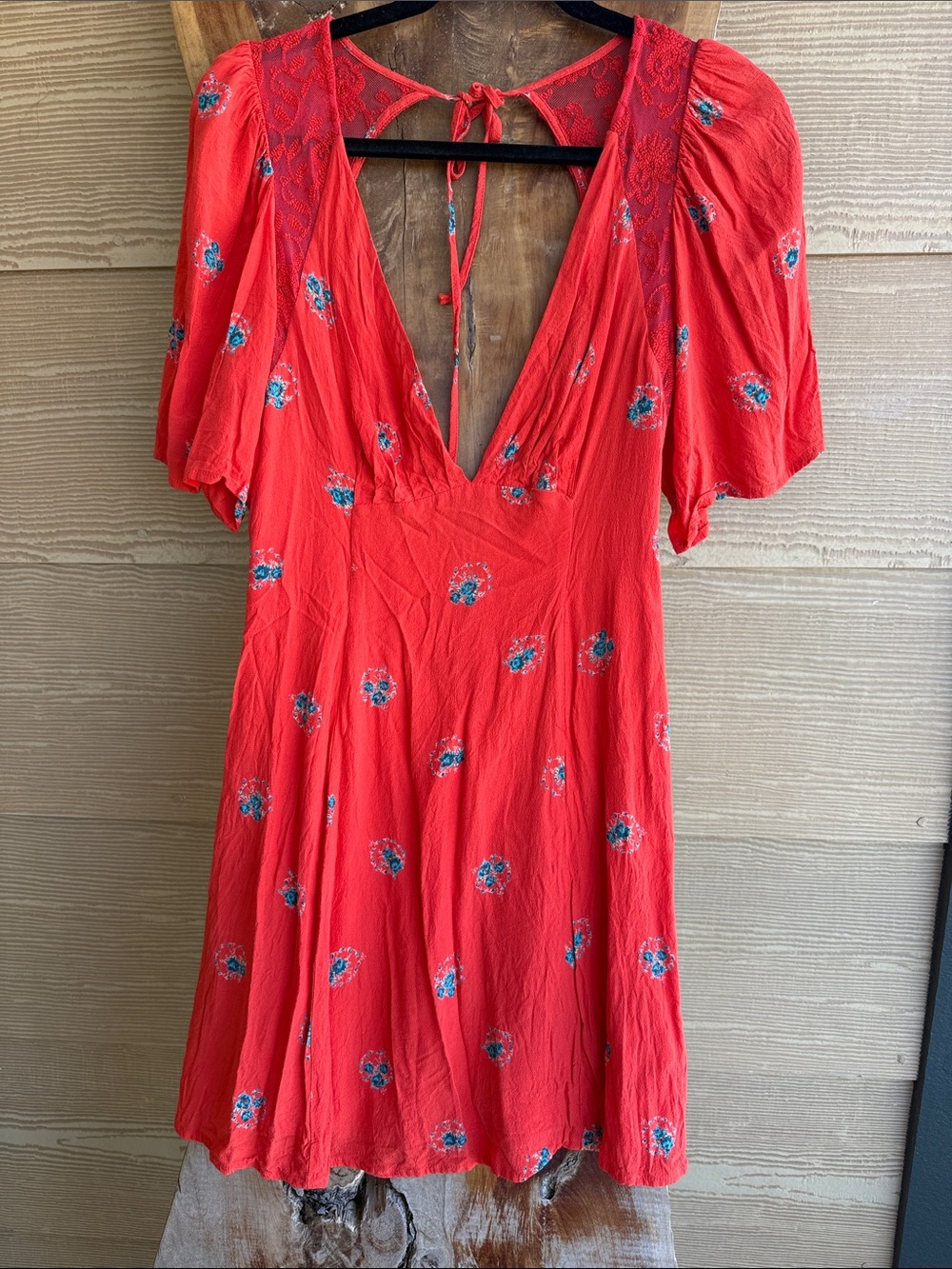 Free People Red Floral V-Neck Mini Dress with Blue Accents